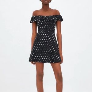 NWT Zara Over-the-Shoulder Navy Polka-dot dress